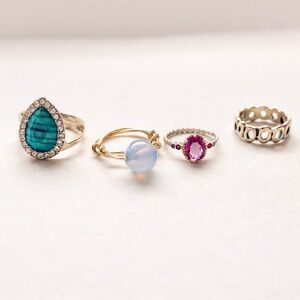 Statement Ring Bundle – 4 Rings – Malachite, Faux Ruby & Amethyst Accents